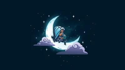 Chibi Girl Reading Book on Glowing Crescent Moon in Starry Night Sky image