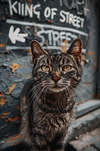 Close-up portrait of a tabby cat with striking yellow eyes against a graffiti-covered wall