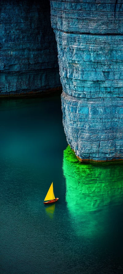 Small Sailboat Navigates Through Turquoise Waters Beside Towering Cliffs