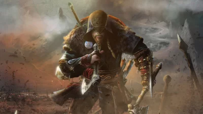 Epic Viking Warrior with Axe and Sword in War-Torn Fantasy Landscape Digital Art image