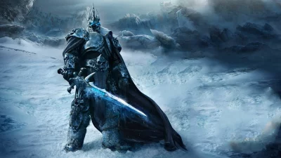 The Lich King Arthas Menethil standing dominantly in a desolate icy wasteland holding Frostmourne image