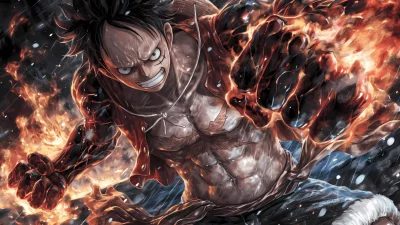 Luffy Gear Five Unleashing Fire Power Anime Cinematic Wallpaper HD image