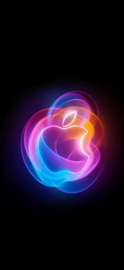 Vibrant glowing Apple logo with abstract neon light trails on black background, technology concept image