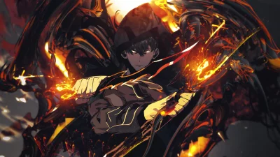 Intense Anime Character Wielding Luminous Blade Amidst Fiery Energy image