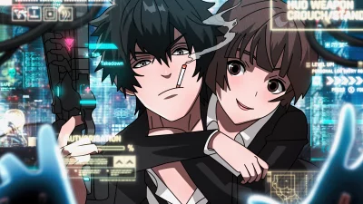 Anime Agents in Cyberpunk UI, Smoking Man with Futuristic Weapon, Woman Embracing image