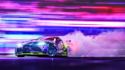 High-Performance Customized Sports Car Drifting with Vibrant Neon Lights and Tire Smoke image
