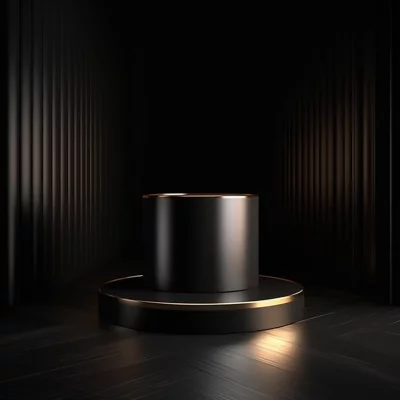Elegant Black Product Presentation Podium with Golden Trim on Dark Stage image