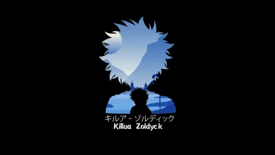 Killua Zoldyck Anime Silhouette with Icy Mountain Landscape and Japanese Text image