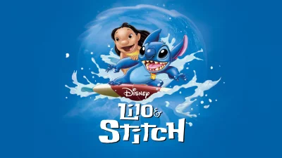Dynamic Lilo and Stitch Surfing Adventure with Splashing Water on Blue Background image