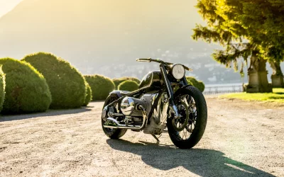 Classic Black Custom Motorcycle on Scenic Path during Golden Hour image