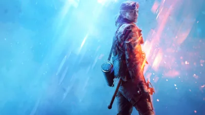 Determined Female Soldier in Dynamic Battlefield with Glowing Combat Effects image