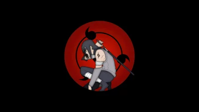 Crouching Anime Warrior with Red Sharingan Eye and Katana on Dark Background image