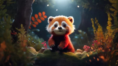 Adorable Fluffy Red Panda in a Magical Forest with Glowing Lights image
