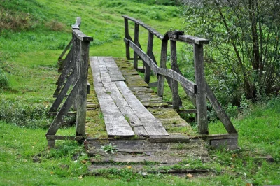 Old Weathered Wooden Bridge with Mossy Planks in Countryside Greenery image