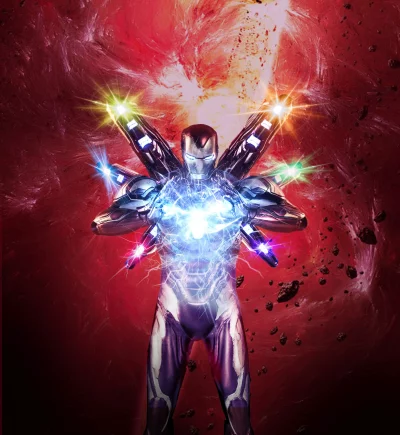 Powerful Armored Hero Unleashes Cosmic Energy in Dynamic Red Nebula Background image