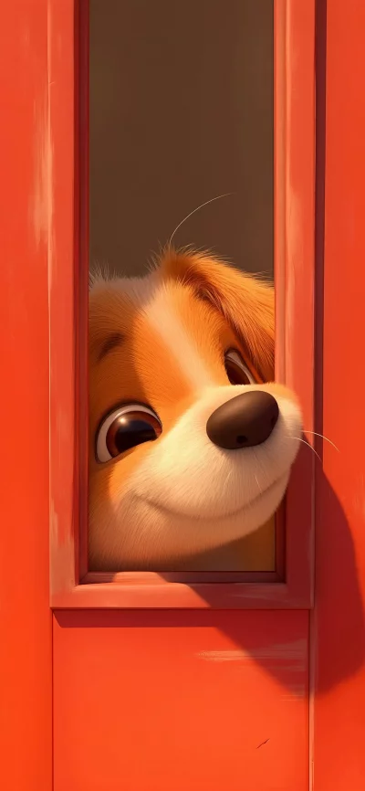 Adorable Animated Puppy Peeking Cheerfully From Behind a Vibrant Red Door Frame image