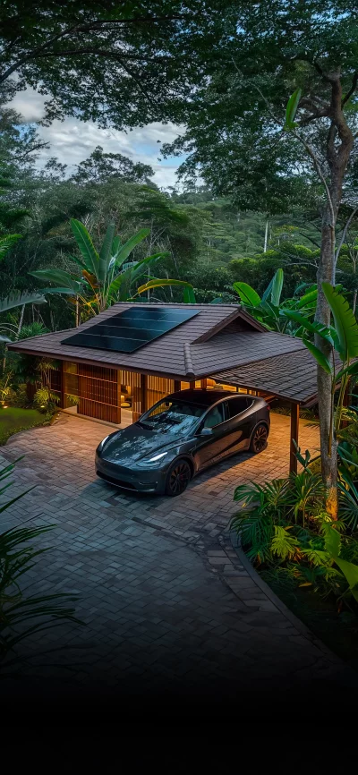 Modern eco home with solar panels and electric car in tropical forest