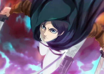 Determined Anime Warrior with Blades Flying Amidst Fiery Abstract Background image