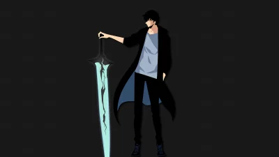 Minimalist Anime Male Character with Glowing Blue Fantasy Sword on Dark Background image
