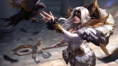 Elegant Fantasy Woman with White Feathers and Golden Accents Interacts with Mystical Raven image