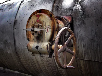 Close-up of Old Rusty Industrial Valve with Handwheel on Weathered Metal Pipe image