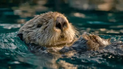 Close-up of a Furry Sea Otter Floating Peacefully on its Back in Shimmering Blue Water