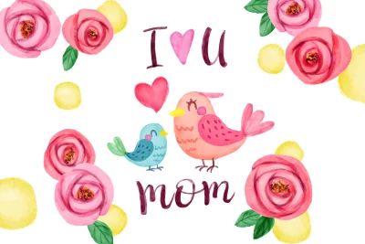 Watercolor Mother's Day Illustration with Cute Birds, Flowers, and 'I Love You Mom' Message image