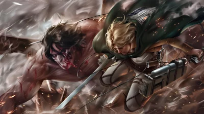 Eren Yeager's Titan form battling a Scout Regiment soldier in dynamic combat image