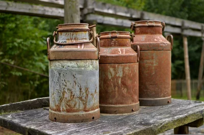 Rustic Weathered Metal Milk Cans Displayed on Old Wooden Table Outdoor image