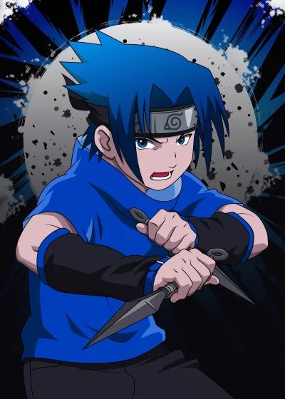 Fierce Blue-Haired Anime Ninja Character with Kunai Ready for Action image