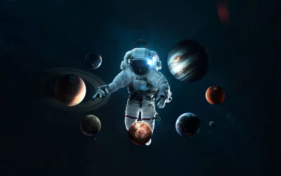 Cinematic Astronaut Floating Among Planets in Deep Space Wallpaper Art image