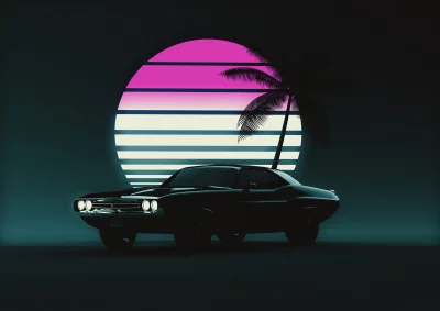 Outrun Style Muscle Car with Glowing Headlights and Retro Sunset image