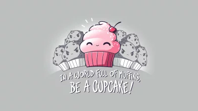 Cheerful Pink Cupcake Shines Amidst Grumpy Grey Muffins with Motivational Quote image