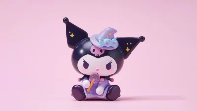 Cute Kuromi Witch Character Holding Lollipop on a Vibrant Pink Background image