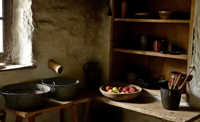 Rustic Farmhouse Kitchen Interior with Vintage Earthenware and Fresh Fruit image