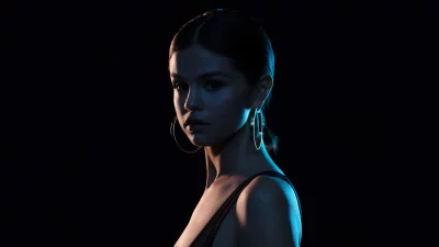 Selena Gomez Looking Thoughtful in Cinematic Neon Lit Wallpaper Image image