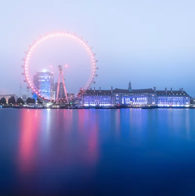 Iconic London Eye and City Buildings Reflecting on Thames River at Night Cinematic Wallpaper image
