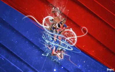 Dynamic Basketball Player Breaking Through Abstract Red and Blue Starry Background image