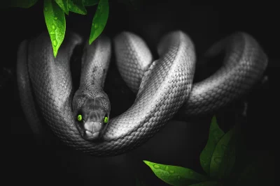 Monochromatic Snake with Piercing Green Eyes Coiled Amidst Dewy Jungle Leaves image
