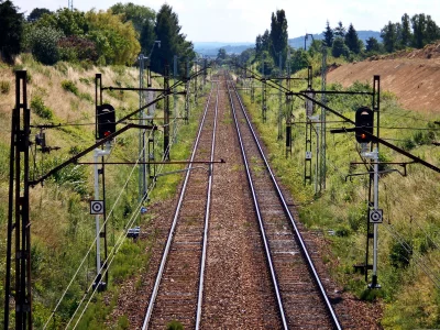 Parallel Railway Tracks with Red Signals and Intricate Overhead Power Lines in Nature image