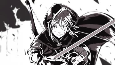 Dynamic Anime Warrior with Hooded Cloak and Sword Black and White Digital Art image