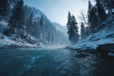 Winter Forest River with Snow-Covered Mountains and Foggy Atmosphere