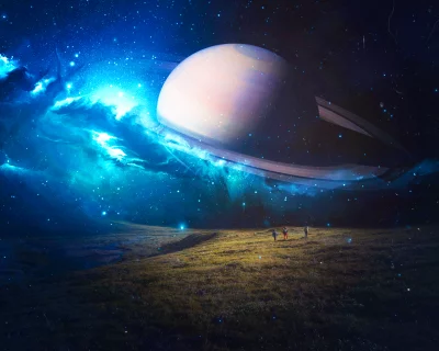 Astronauts Exploring Alien Planet under Glistening Saturn-like Rings and Nebula image