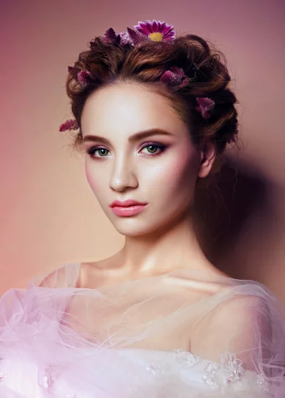 Graceful Woman with Delicate Floral Hairstyle and Elegant Makeup Portrait image