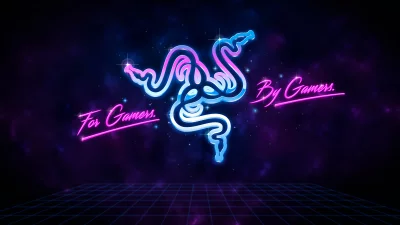 Vibrant Razer Triple-Headed Snake Logo with Retro Neon Glow and Synthwave Grid Background image
