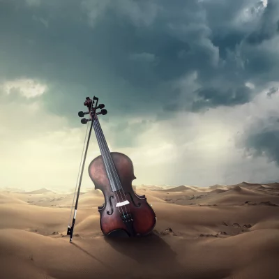 Classical Violin Standing Alone in a Vast Desert Landscape Under a Dramatic Sky image