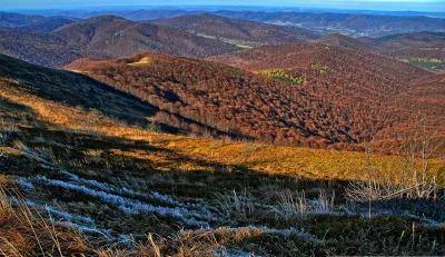 Golden Hour Light on Frosted Mountain Hills and Autumn Forests image