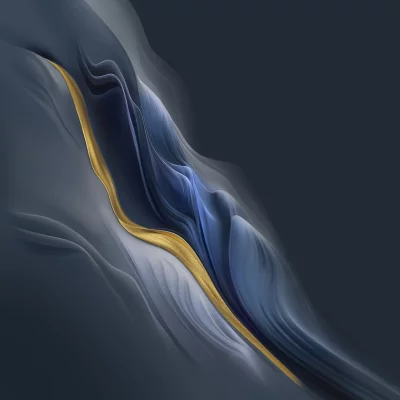 Abstract flowing waves of dark blue and grey with a textured gold stripe