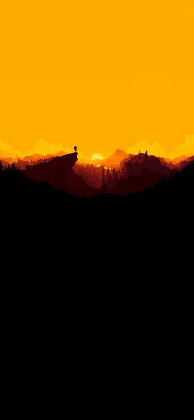 Silhouette hiker on cliff at vibrant sunset over mountain forest