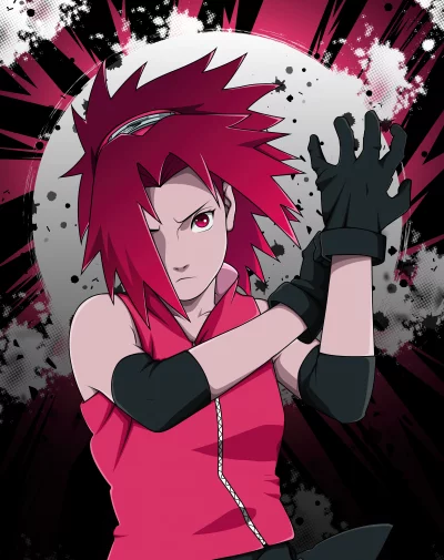 Intense Red-Haired Anime Girl Posing in Action Stance with Dynamic Grunge Background image